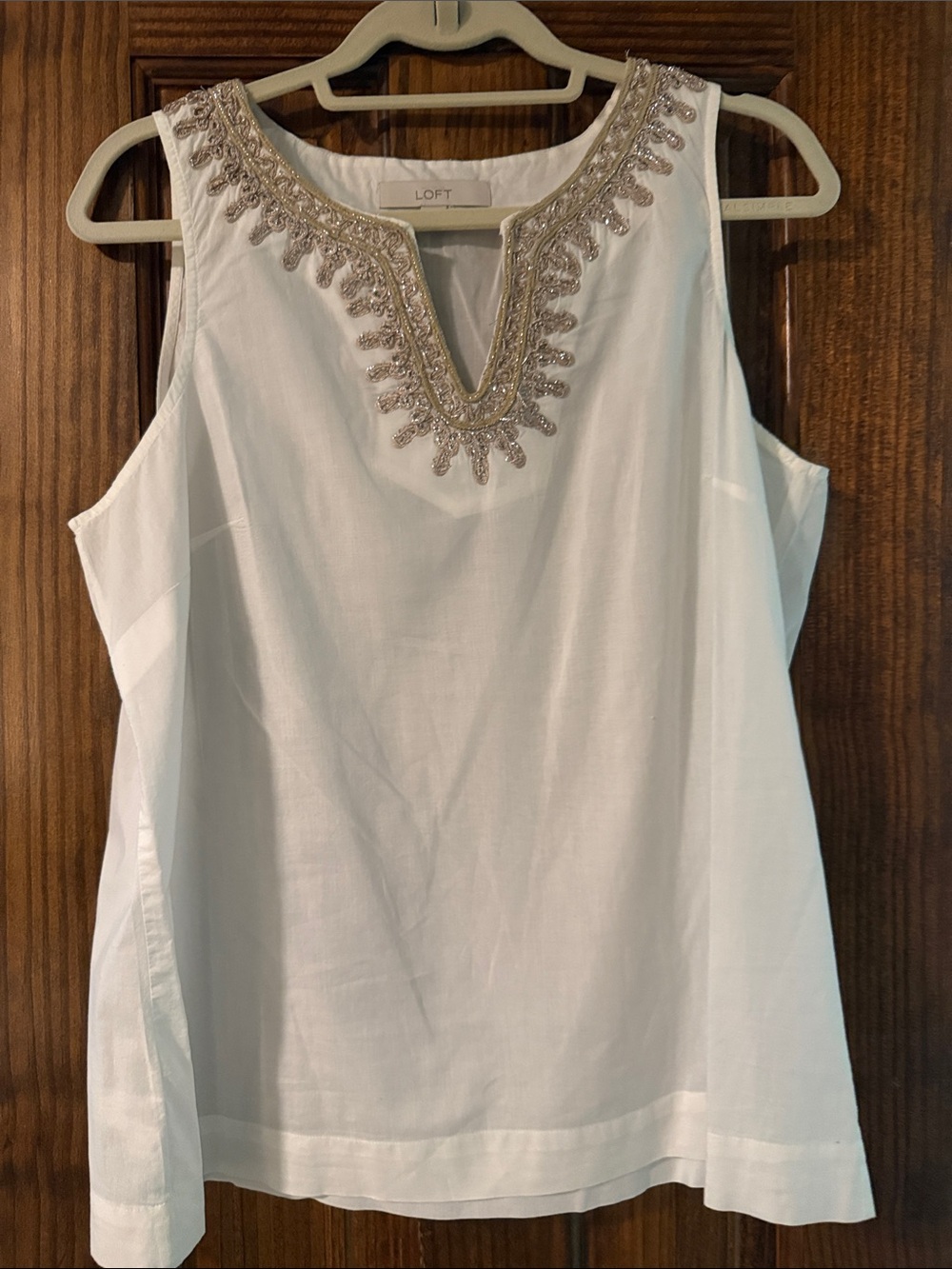 LOFT White Sleeveless V-Neck Top with Gold Beaded Embellishment